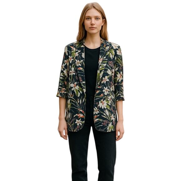 Zara Satin Floral Printed Open Front Long Blazer Jacket Women Green Size XS - Picture 2 of 10